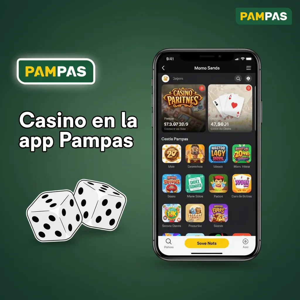 Lobby de casino en la app Pampas con ruleta, blackjack, baccarat y slots; crupieres en vivo y promociones destacadas.