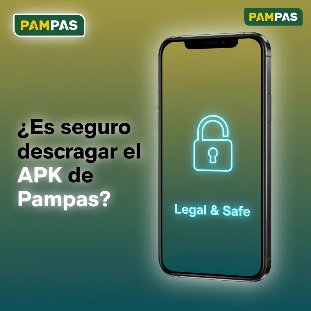 Teléfono mostrando APK de Pampas con candado y sello SSL, descarga oficial verificada y juego en entorno regulado.