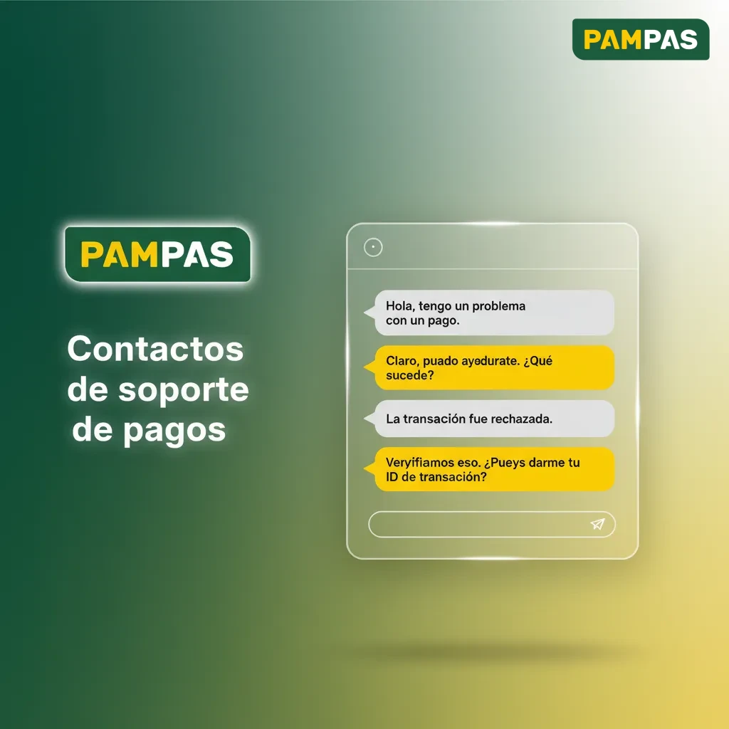 Gráfico de contactos de soporte de pagos: chat 24/7, pagos@pampas.com.ar, WhatsApp +54 9 11 3000 0000 y Centro de ayuda