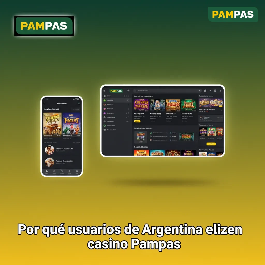 Gráfico promocional de Casino Pampas para Argentina: pagos en ARS, soporte en español, bonos, móvil y seguridad.
