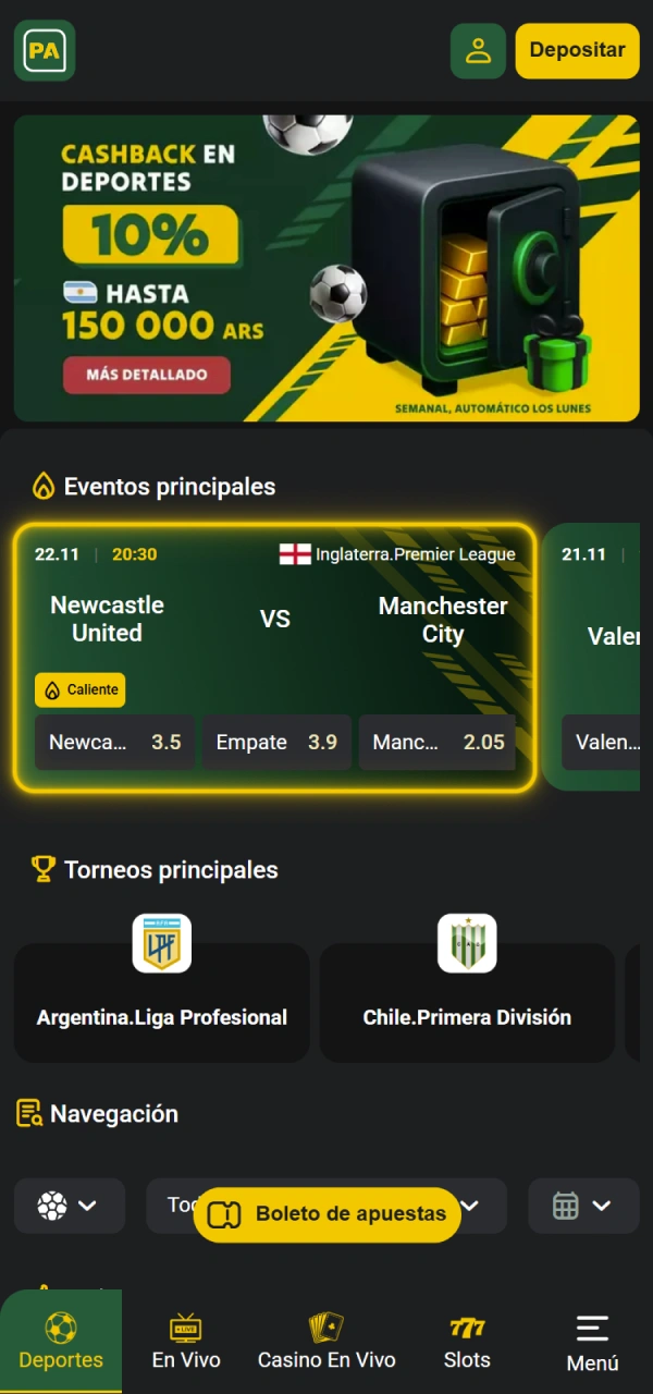 Elige el evento de apuestas deportivas en la aplicación Pampas.