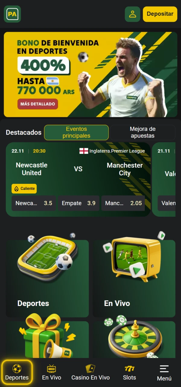 Elige tu sección de apuestas en Pampas Argentina oficial.