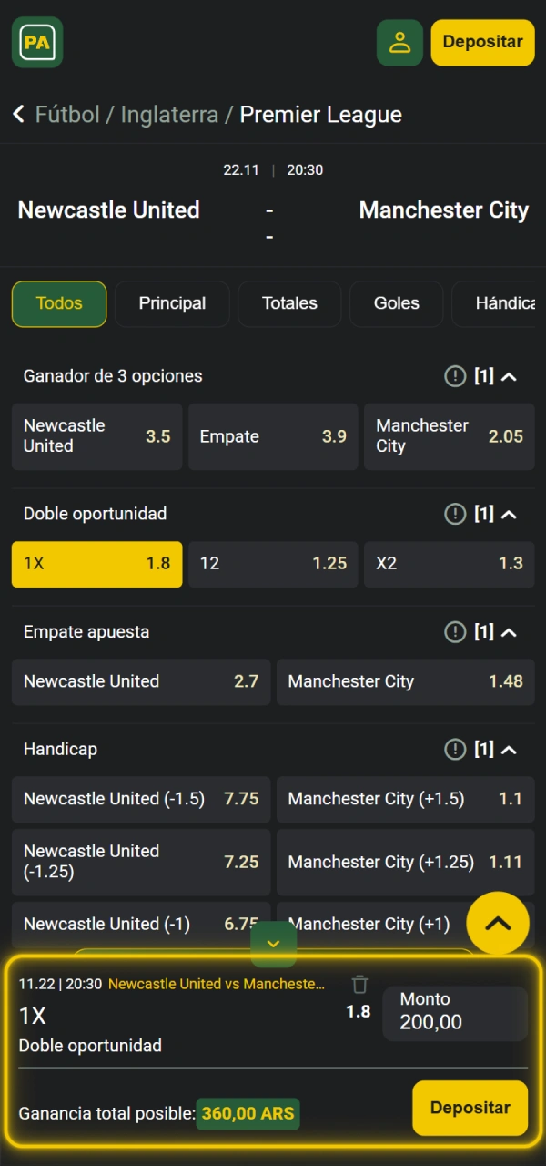 Agregue el monto de la apuesta en la aplicación Pampas.