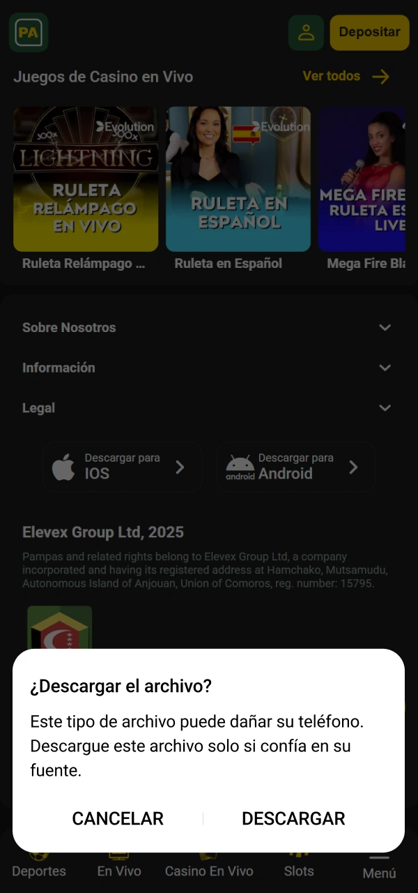 Inicie la descarga del archivo APK de Pampas para Android.