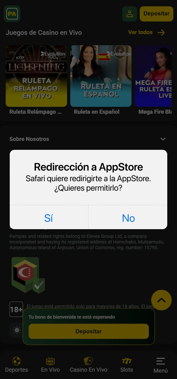 Siga el enlace de descarga de la aplicación iOS de Pampas.