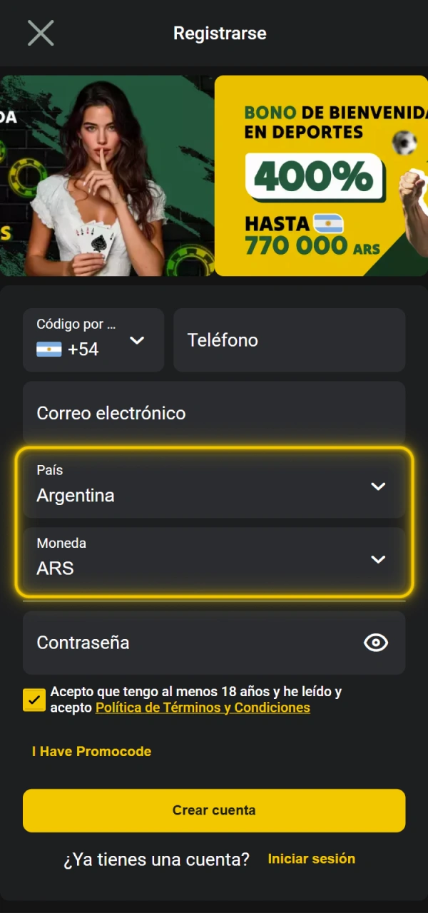Complete los detalles de registro en la aplicación Pampas Argentina.