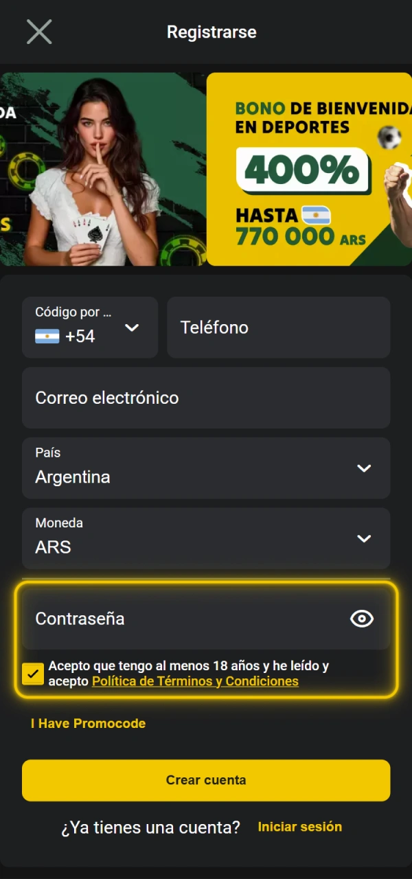 Establezca la contraseña para su registro en la aplicación Pampas.