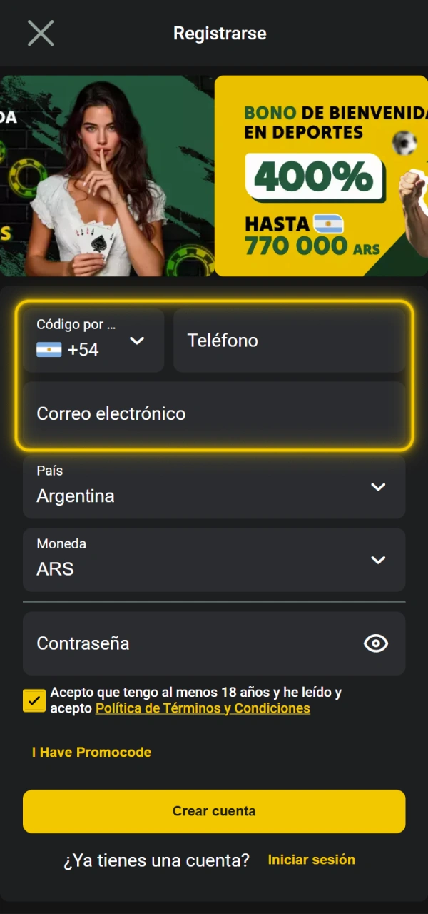 Elija su opción de registro de Pampas desde la aplicación.