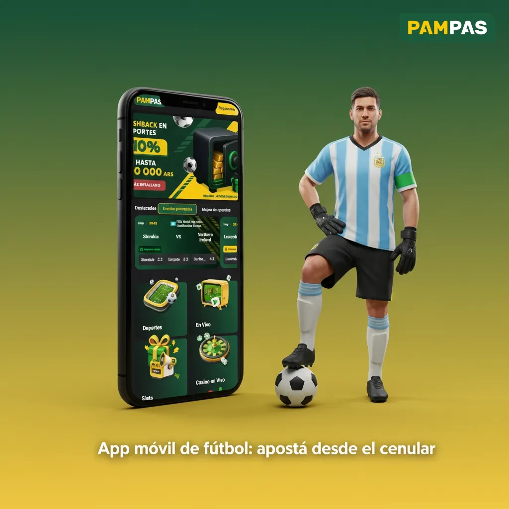 Smartphone con la app de fútbol Pampas: apuestas en vivo, cuotas, depósitos y retiros; disponible en Android y iOS