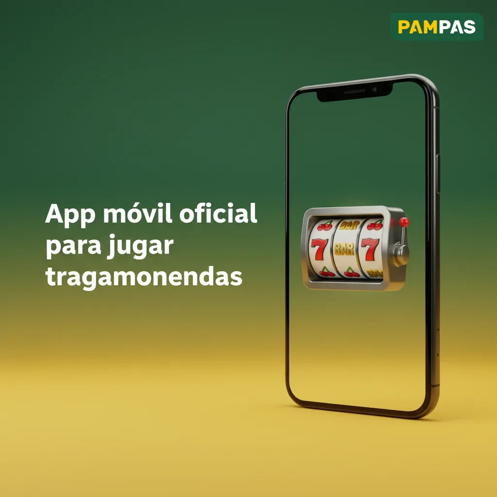 App móvil oficial de tragamonedas de Pampas en un smartphone, con interfaz clara, filtros y opciones demo o dinero real.