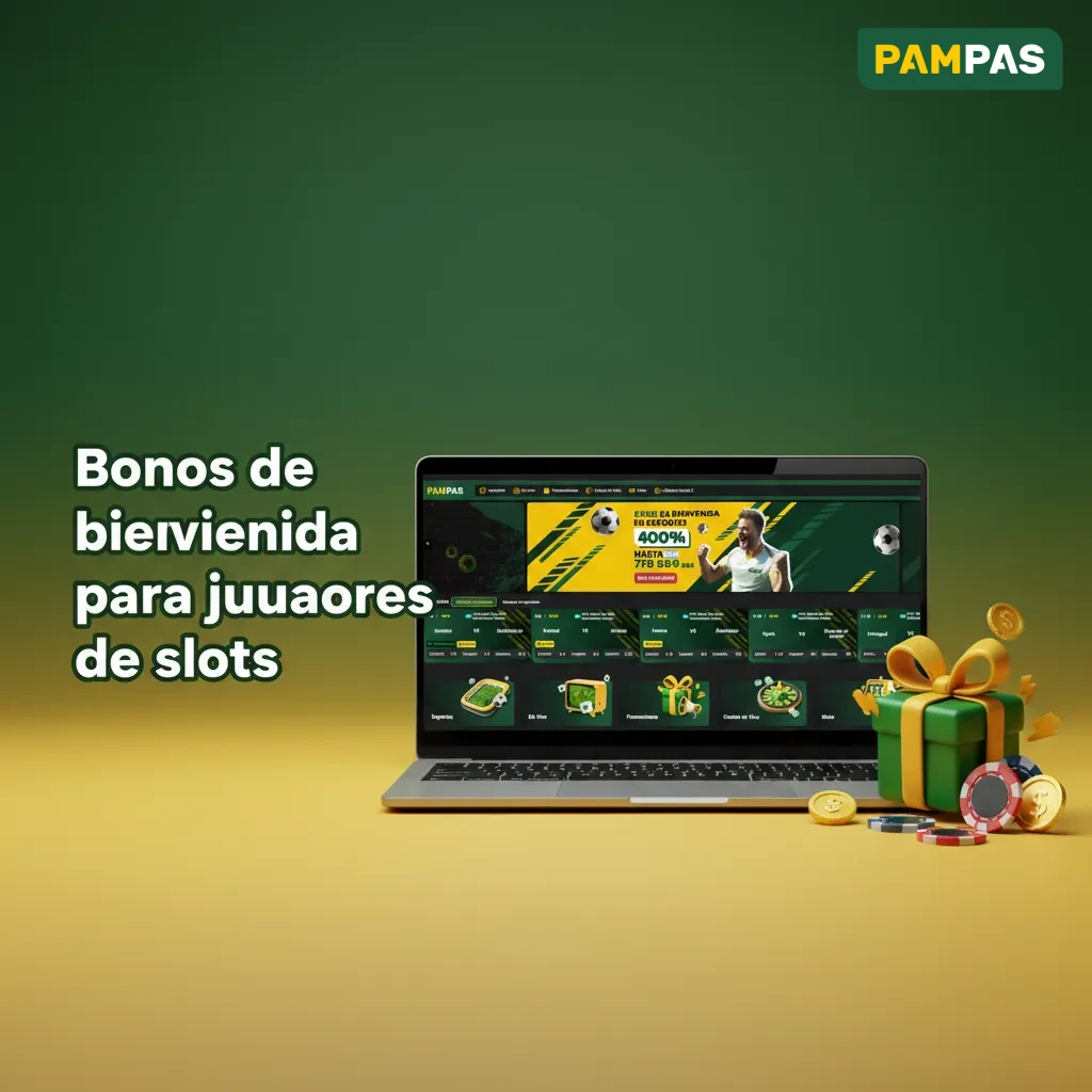 Banner de Bonos de bienvenida para jugadores de slots en Pampas: hasta 400% en 5 depósitos, recargas y cashback.