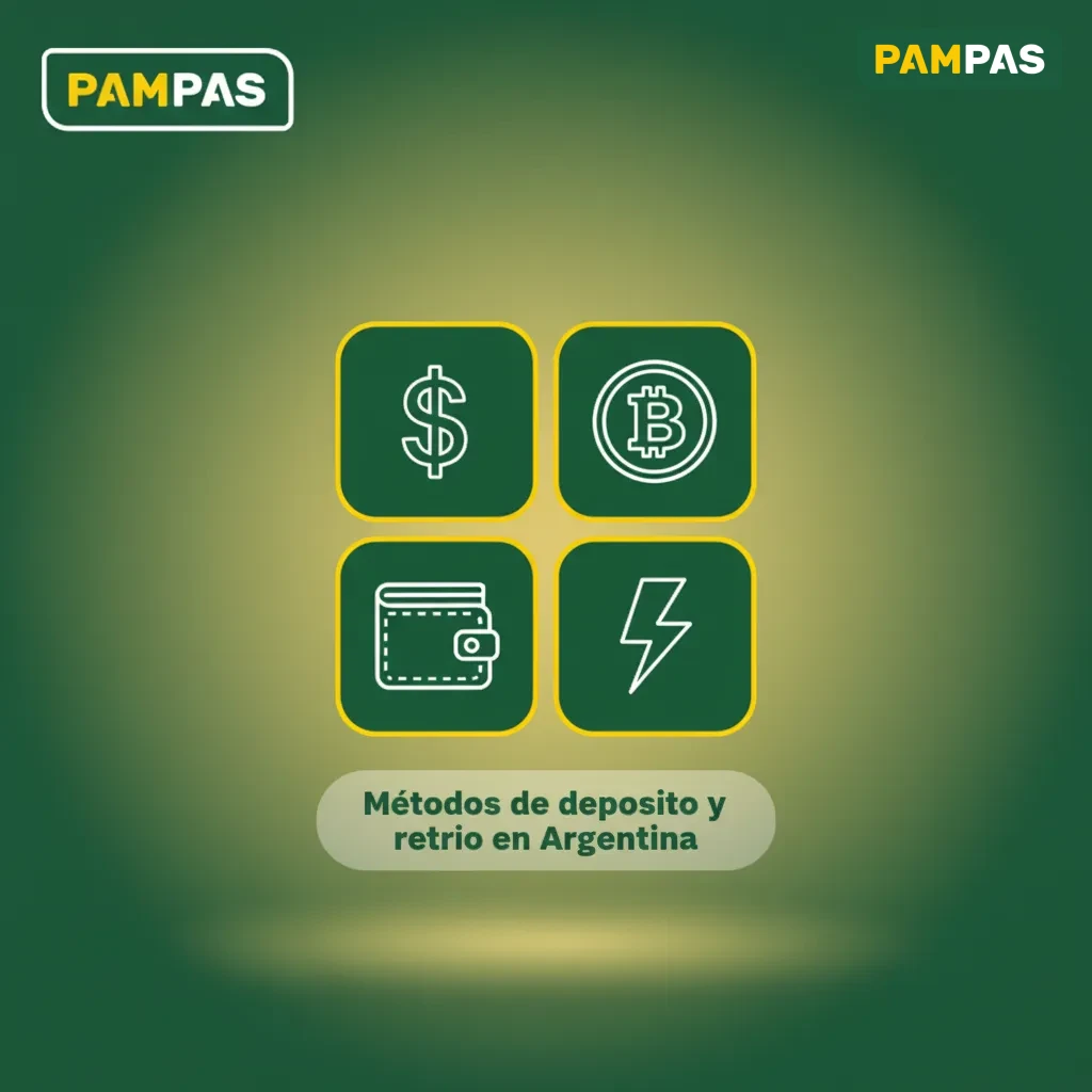 Depósitos y retiros en Argentina con ARS: logos de CBU/ALIAS, Mercado Pago, Visa, Mastercard, Rapipago, Pago Fácil y más.