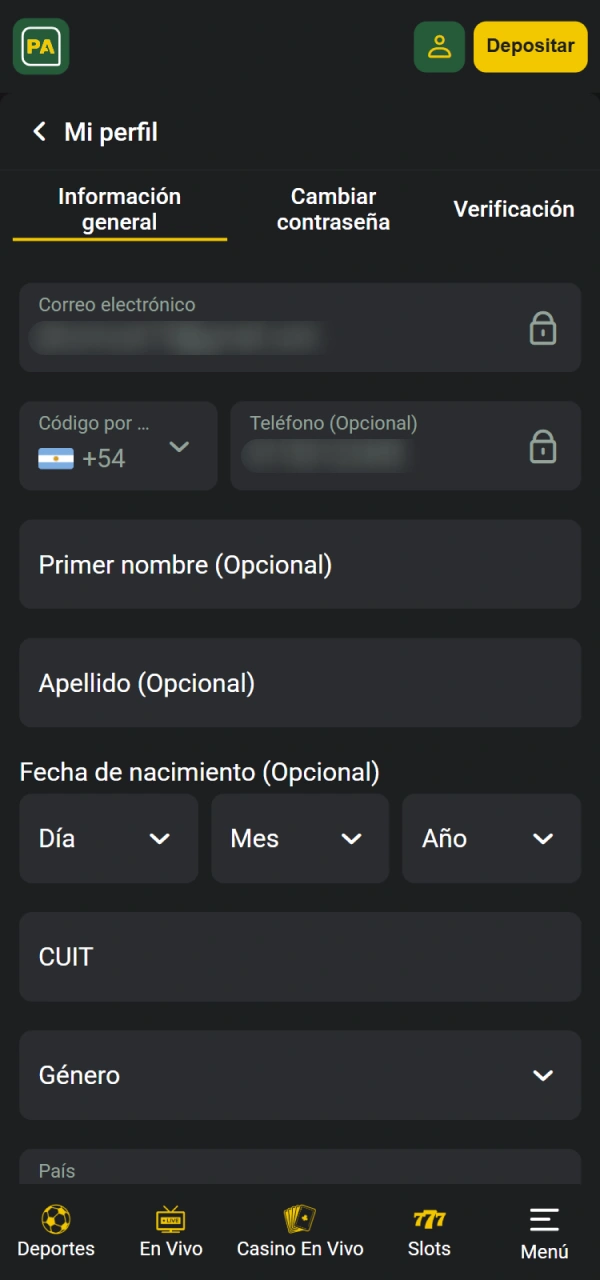 Complete sus datos para registrarse en Pampas Argentina.