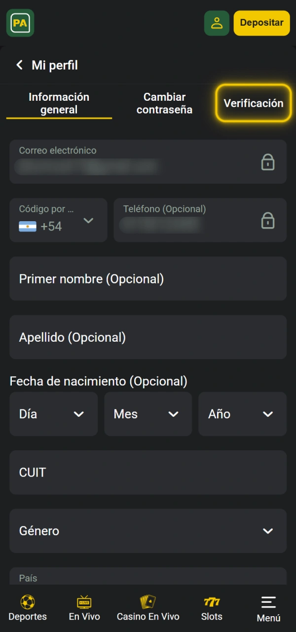 Entra a Verificación para subir documentos en Pampas Casino Argentina.