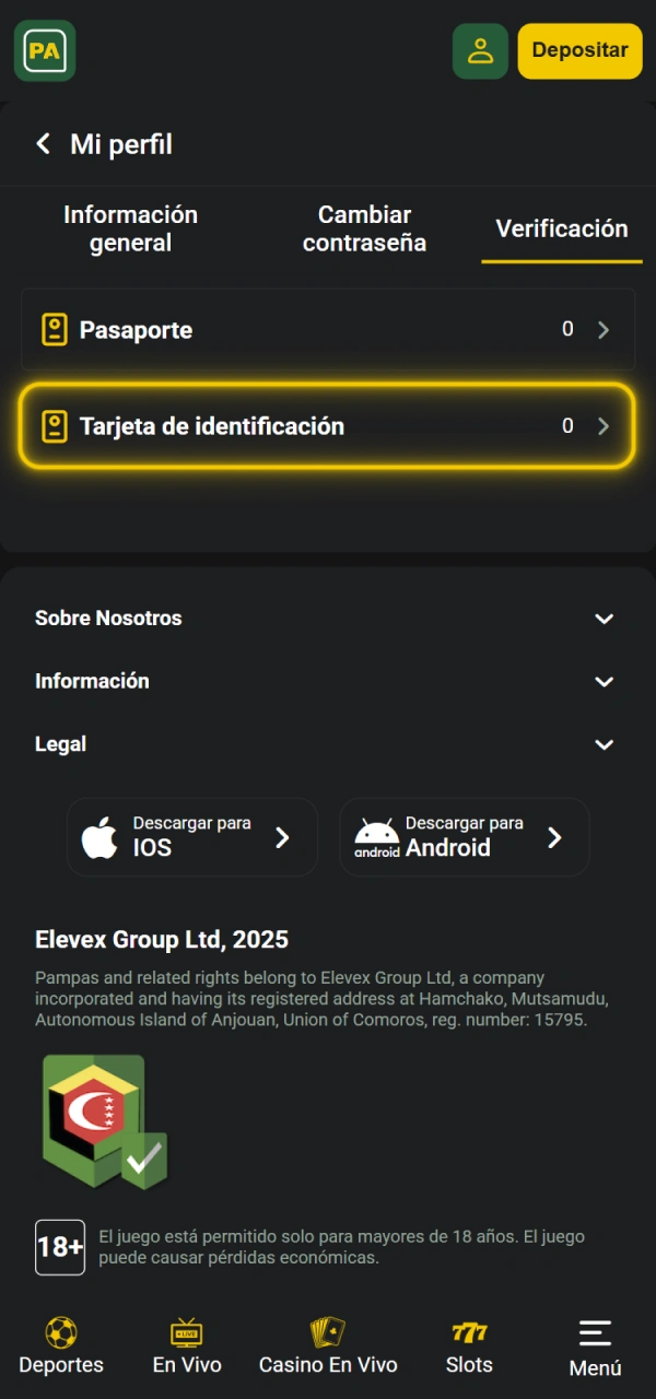 Cargue archivos para la verificación de Pampas Casino Argentina.