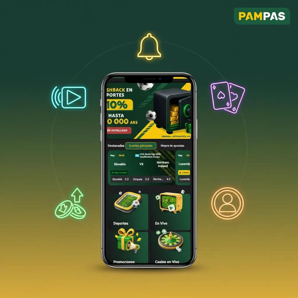 Pantallas de la app Pampas con apuestas en vivo, cupón editable, casino, pagos en ARS, perfil y notificaciones.