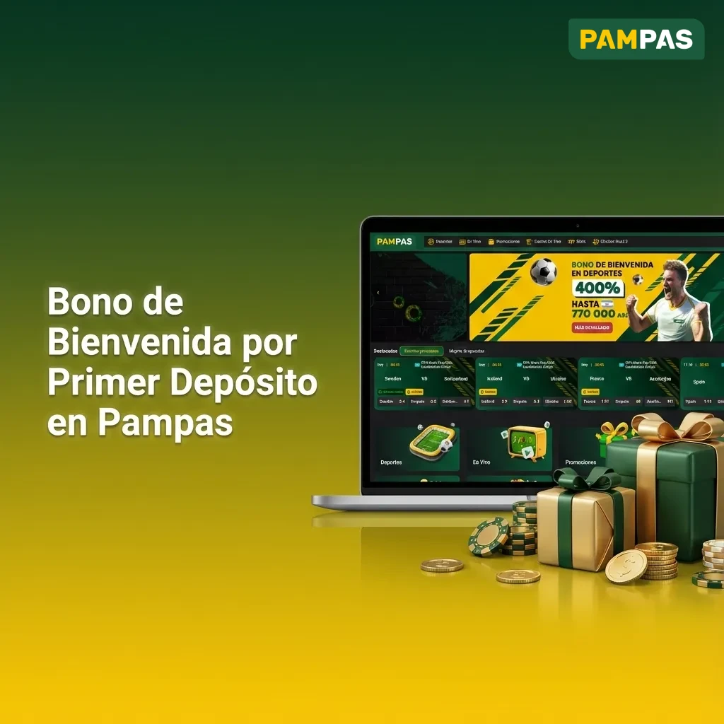 Pampas welcome bonus offer showing 400% bonus on first deposits up to 770K ARS sports or 2M ARS casino in Argentina