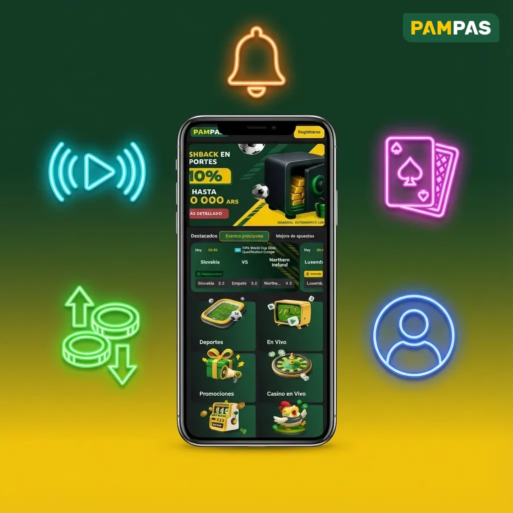 Pampas mobile app features: local payment methods, live betting, casino games, and 24/7 support for Argentine players