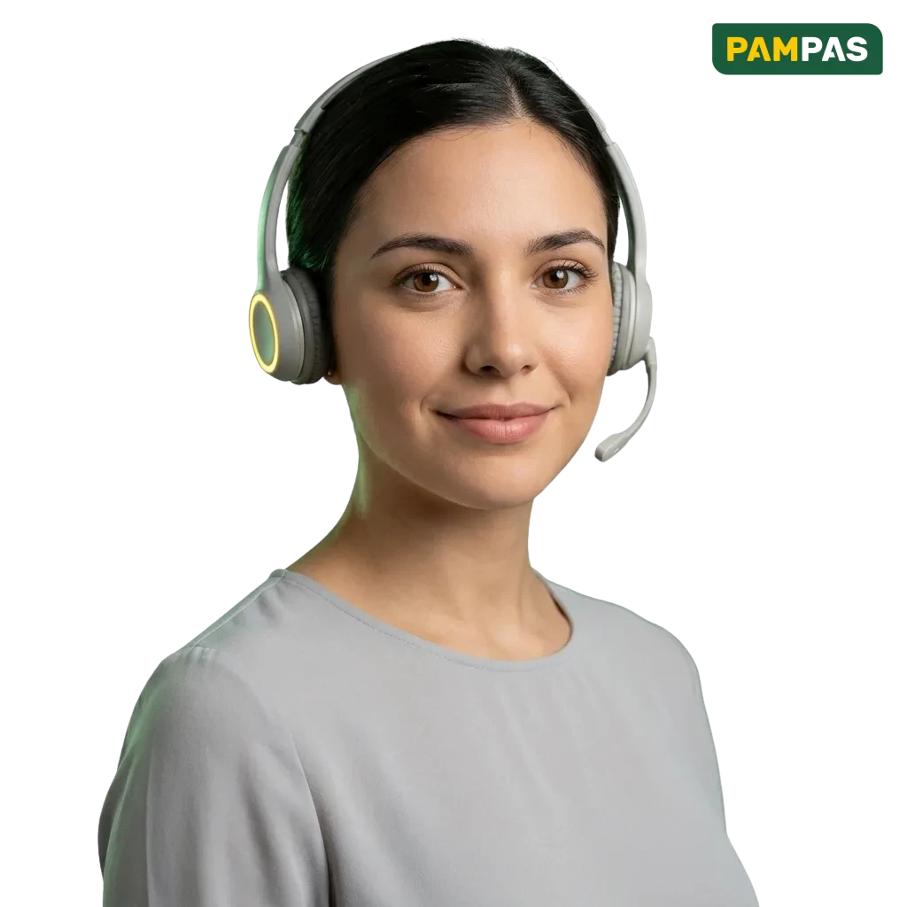 Página de contactos de Pampas en Argentina con opciones de chat, teléfono, email y redes sociales disponibles 24/7