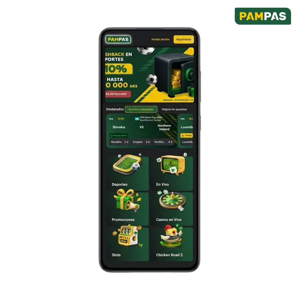 Pantalla de descarga de la app móvil Pampas mostrando opciones para Android APK e iOS con bonos de bienvenida disponibles