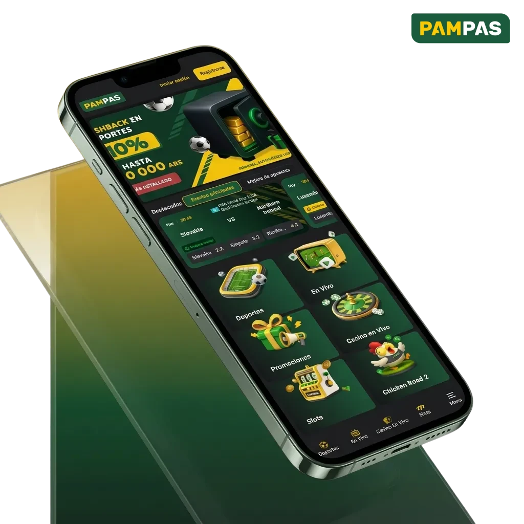 Pampas iOS app interface showing sports betting and casino games with welcome bonus offers for Argentine players