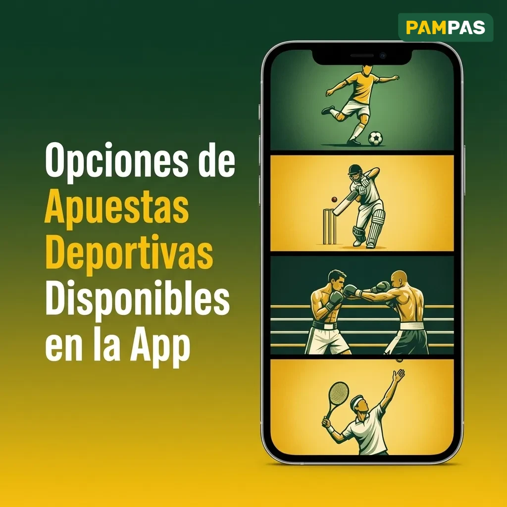 Pampas betting app interface showing various sports betting options including soccer, tennis, basketball, and esports