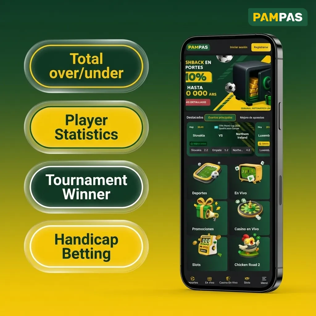 Ilustración de tipos de apuestas deportivas: simple, combinada, triple, acumuladora y handicap en la app Pampas